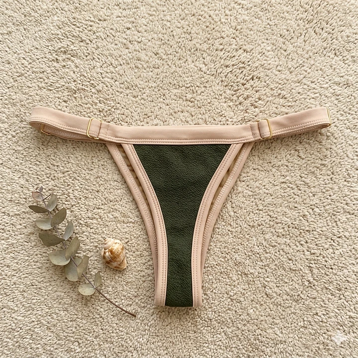 Bikini  ZOE Verde Musgo y Beige, bottoms  tipo colaless regulable 7