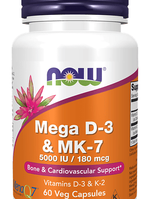 Mega Vitamin D-3 + Vitamin Mk-7 (5000 U.I. / 180 Mcg) 60 Cápsulas Vegetais Now