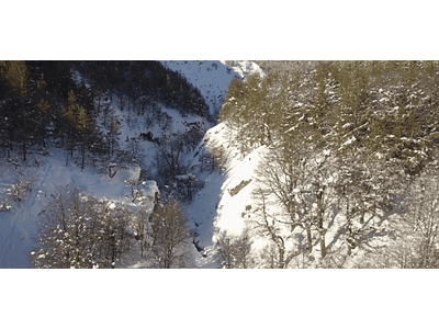 Aerial Video Aysén Winter # 21 (stream, forest, snow)