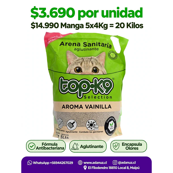  Arena aglutinante Top k9 20 kilos aroma vainilla 