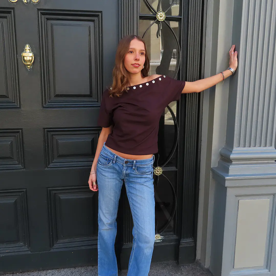 Button detail off shoulder brown top 2