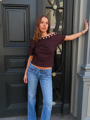 Button detail off shoulder brown top