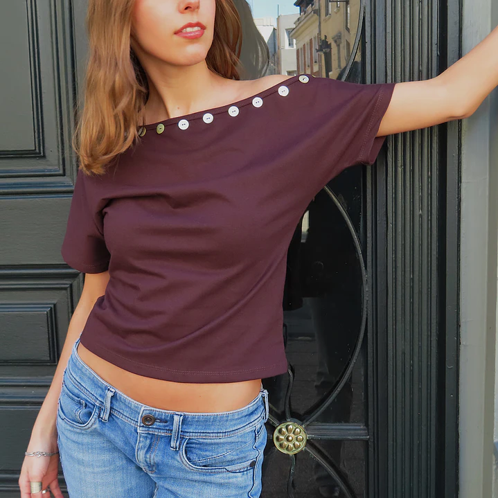 Button detail off shoulder brown top 4