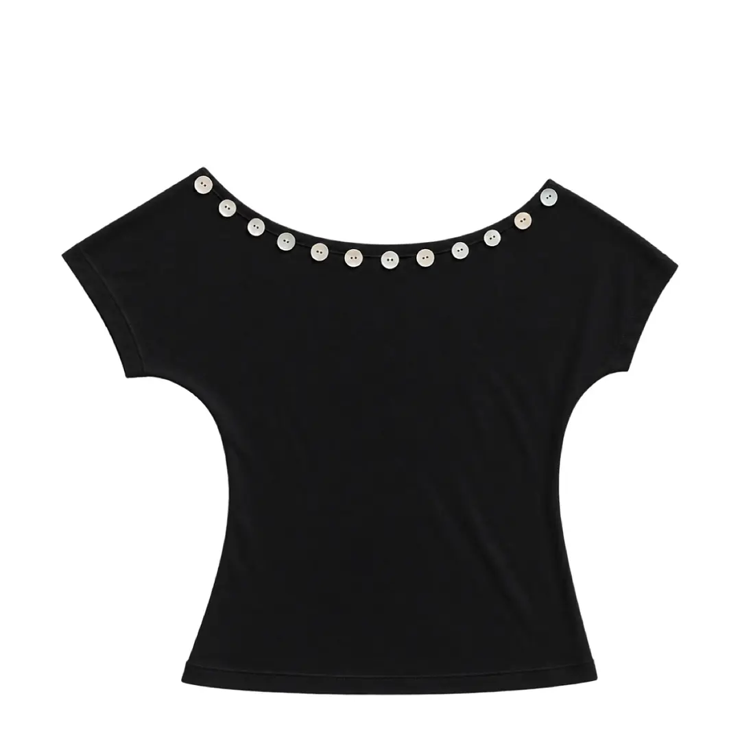 Button detail off shoulder black top 1