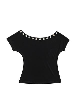 Button detail off shoulder black top