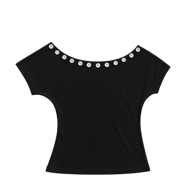 Button detail off shoulder black top 1