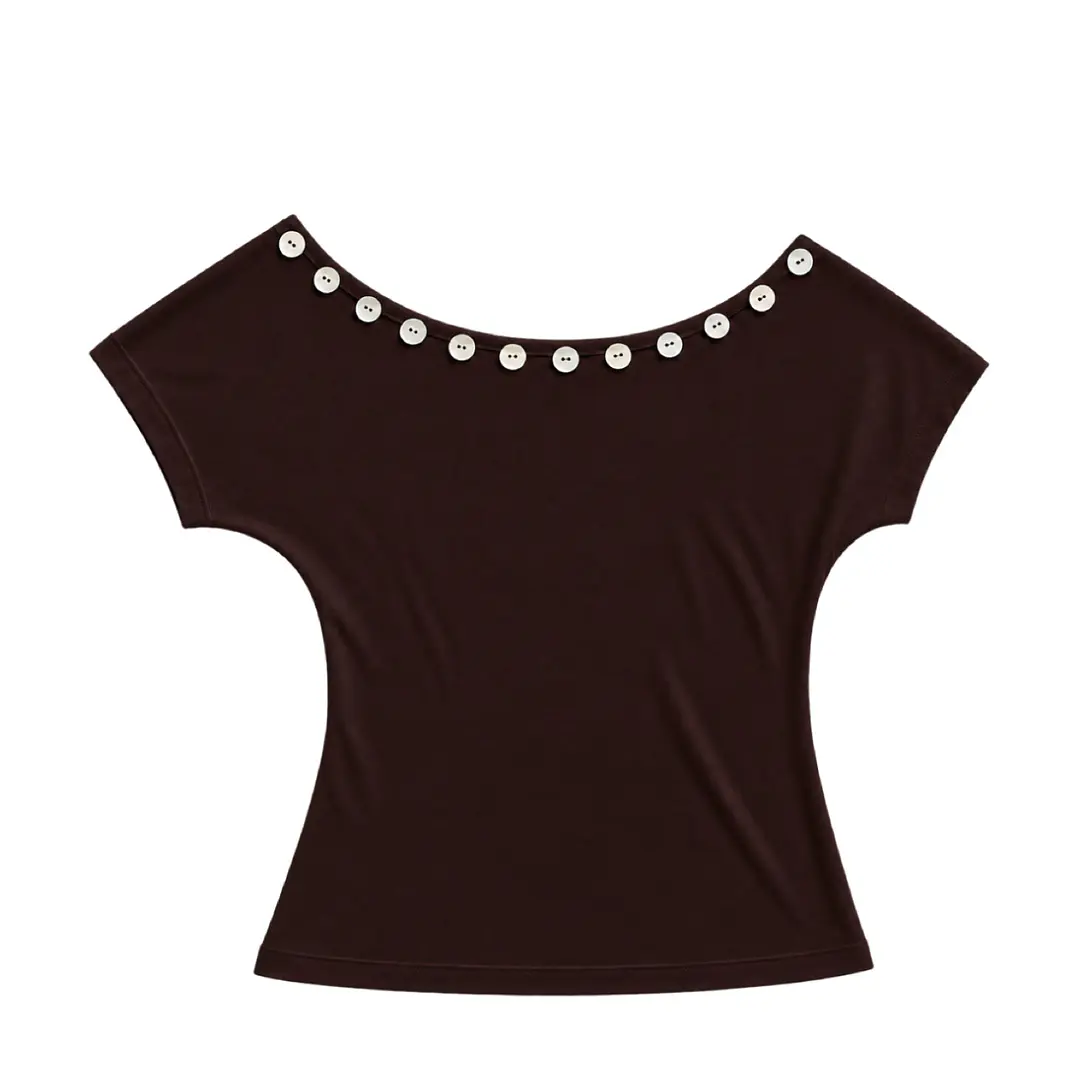 Button detail off shoulder brown top 1