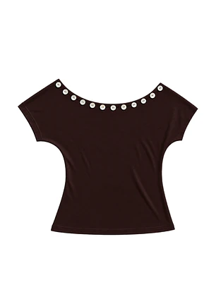 Button detail off shoulder brown top