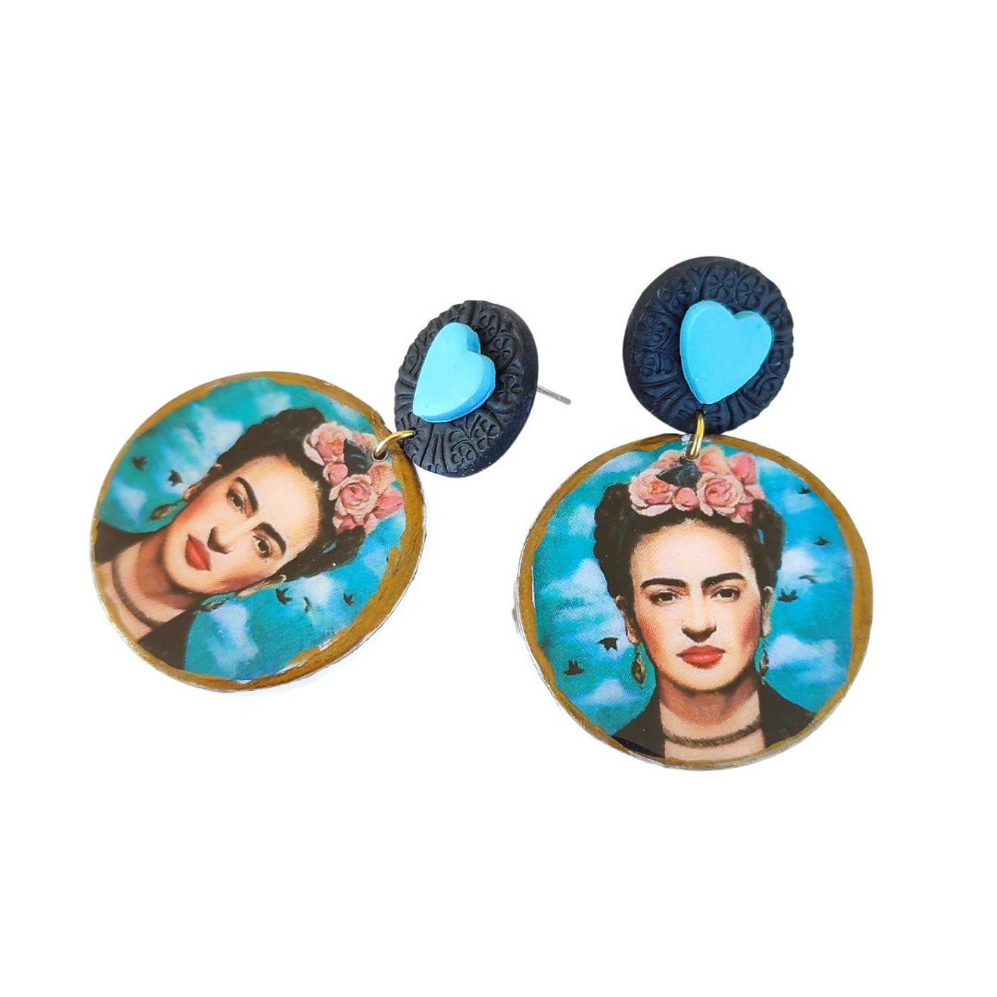 Brincos Frida Khalo Coração Azul