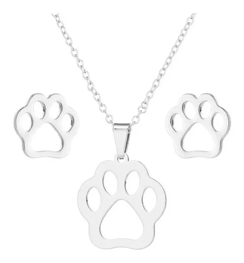 Conjunto Pata Perro Gato Cadena Colgante Aros + Caja Regalo 