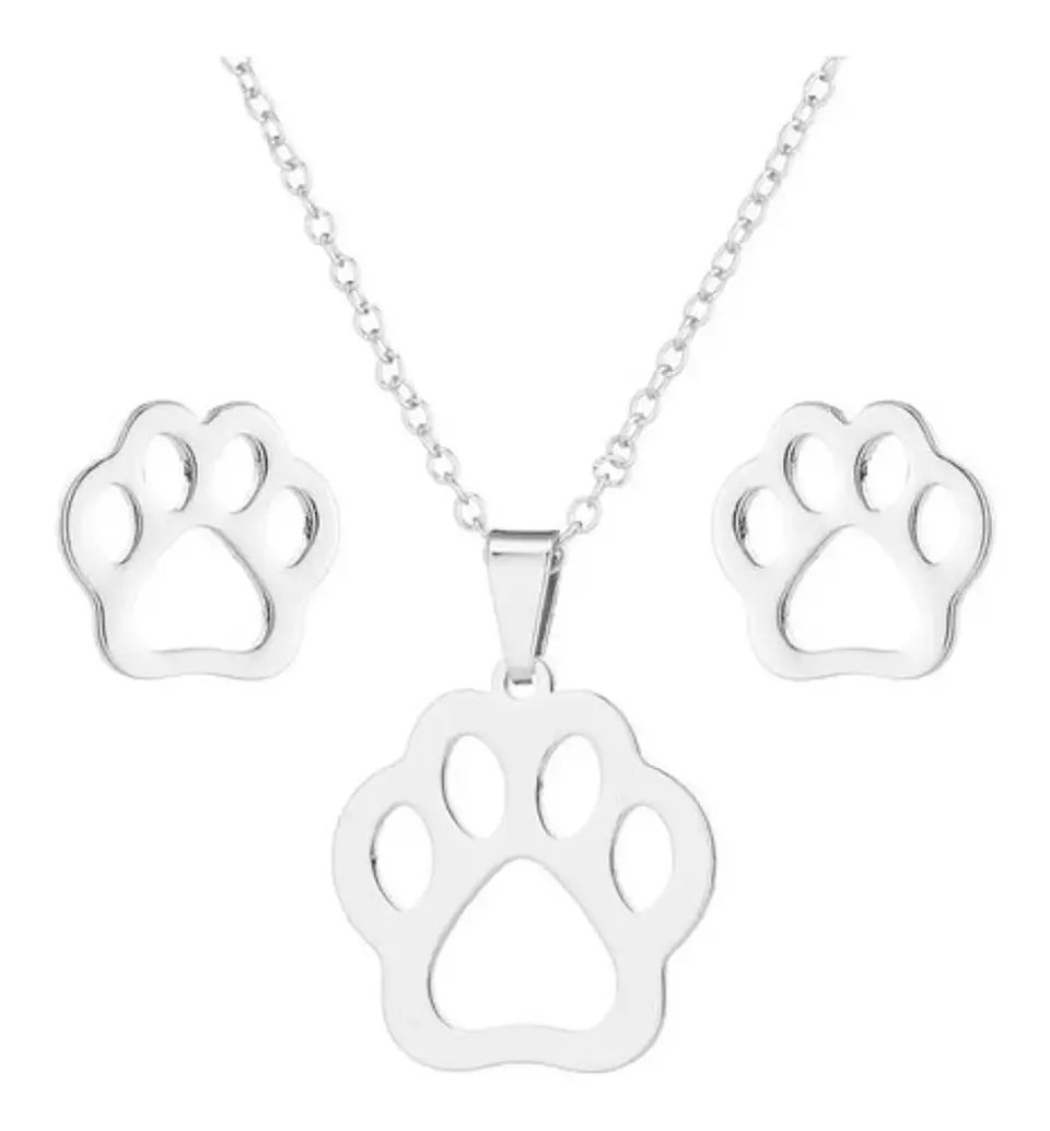 Conjunto Pata Perro Gato Cadena Colgante Aros + Caja Regalo  1