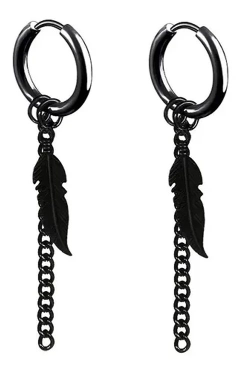 Aros Pluma Punk Gótico Kpop Rock Black + Bolsa Regalo Joyas
