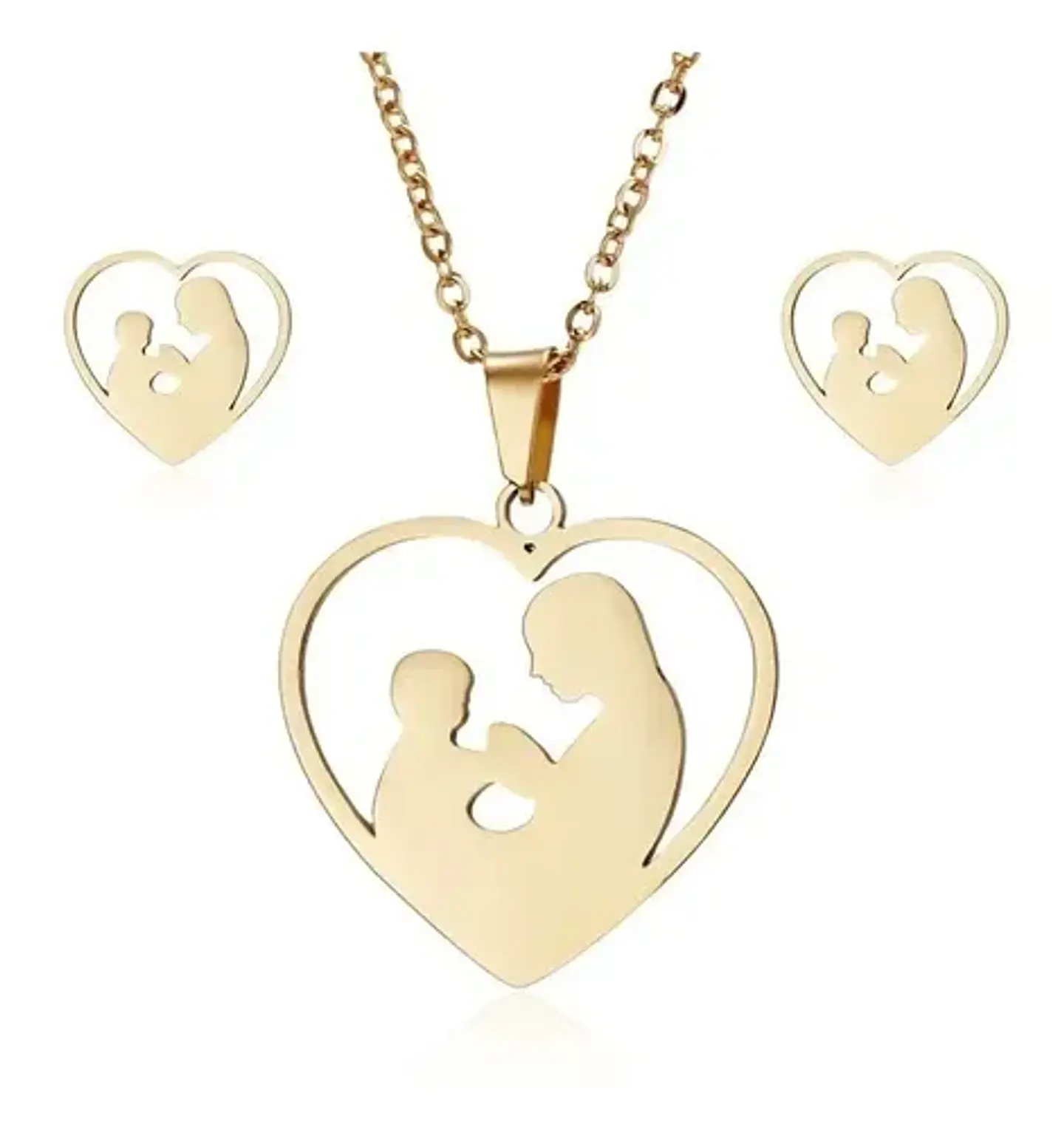 Conjunto Cadena Colgante Y Aros Madre E Hijo Corazón Regalo 1