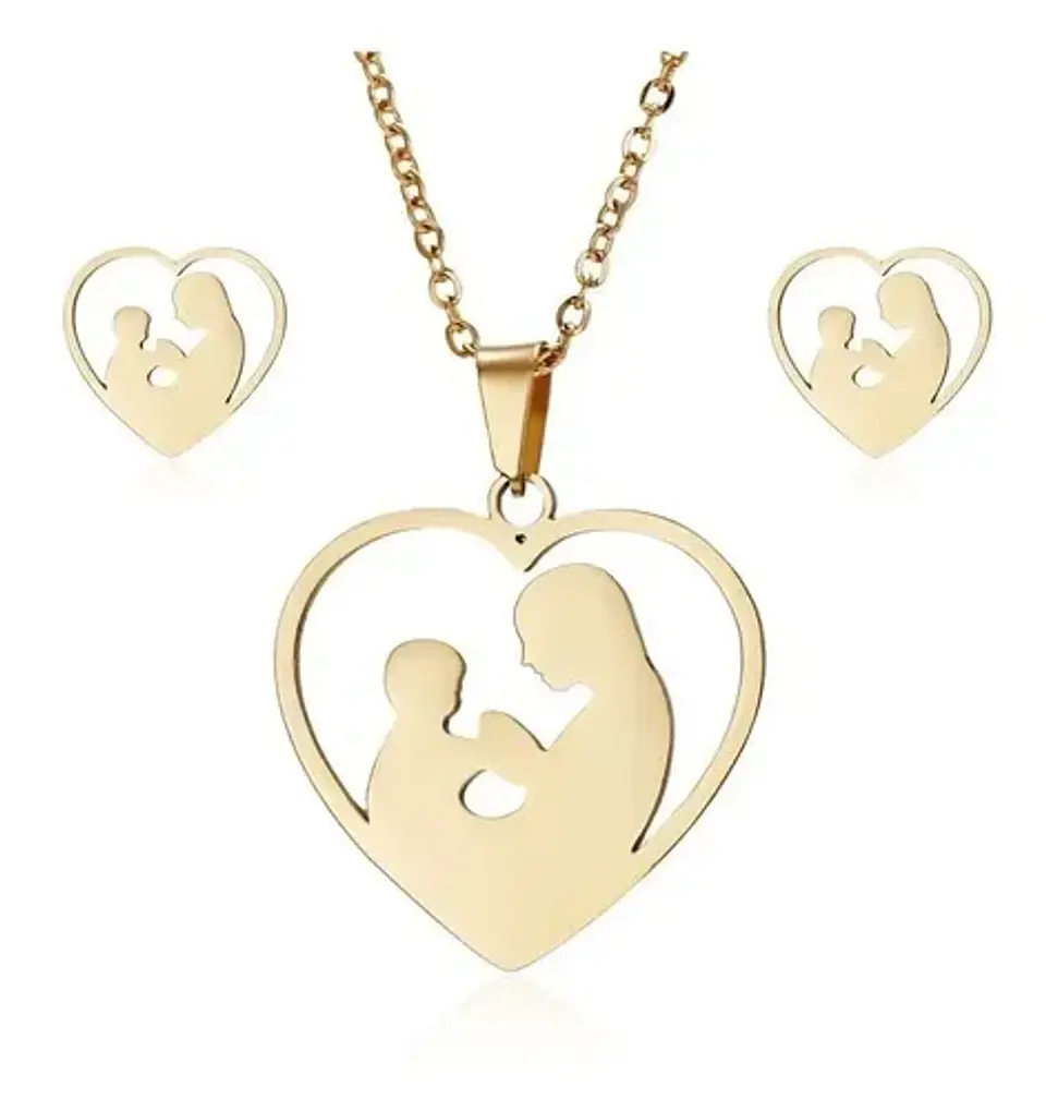 Conjunto Cadena Colgante Y Aros Madre E Hijo Corazón Regalo 1