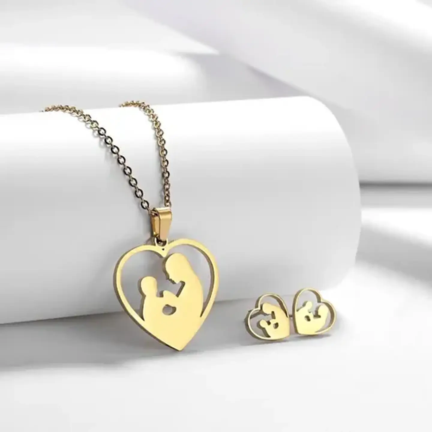 Conjunto Cadena Colgante Y Aros Madre E Hijo Corazón Regalo 3