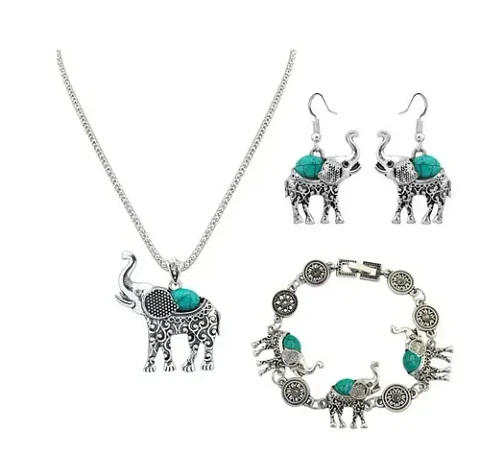 Conjunto Elefante Vintage Collar Aros Pulsera + Bolsa Regalo