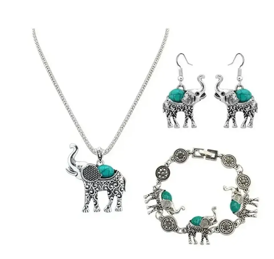 Conjunto Elefante Vintage Collar Aros Pulsera + Bolsa Regalo 1