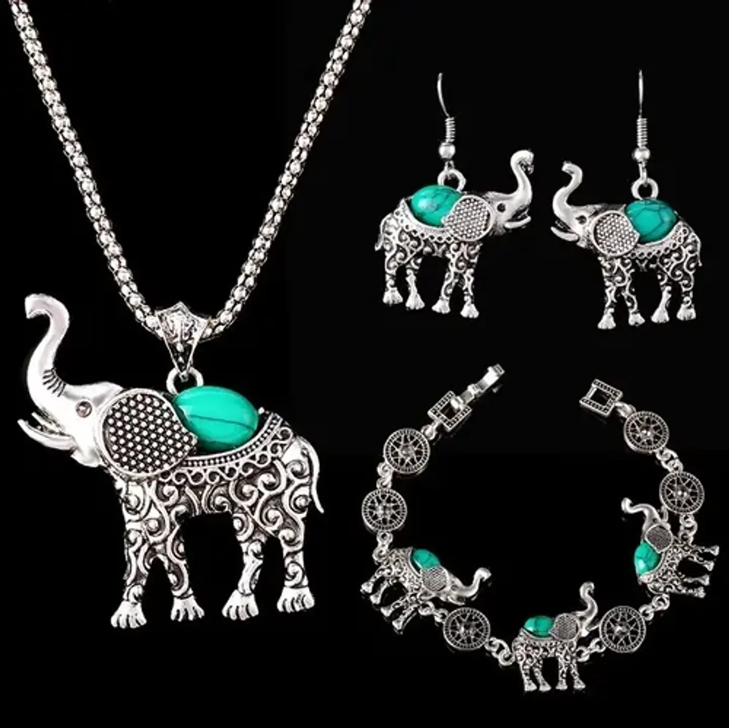 Conjunto Elefante Vintage Collar Aros Pulsera + Bolsa Regalo 2