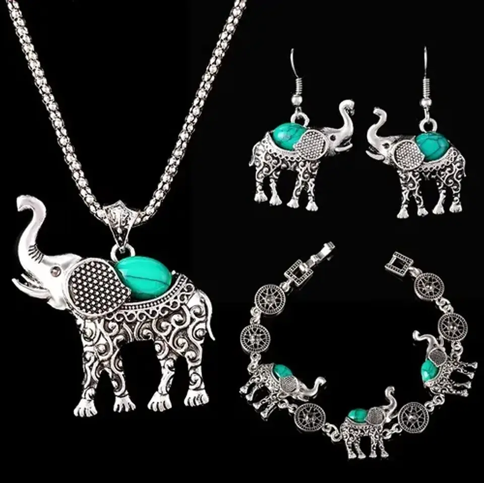 Conjunto Elefante Vintage Collar Aros Pulsera + Bolsa Regalo 2