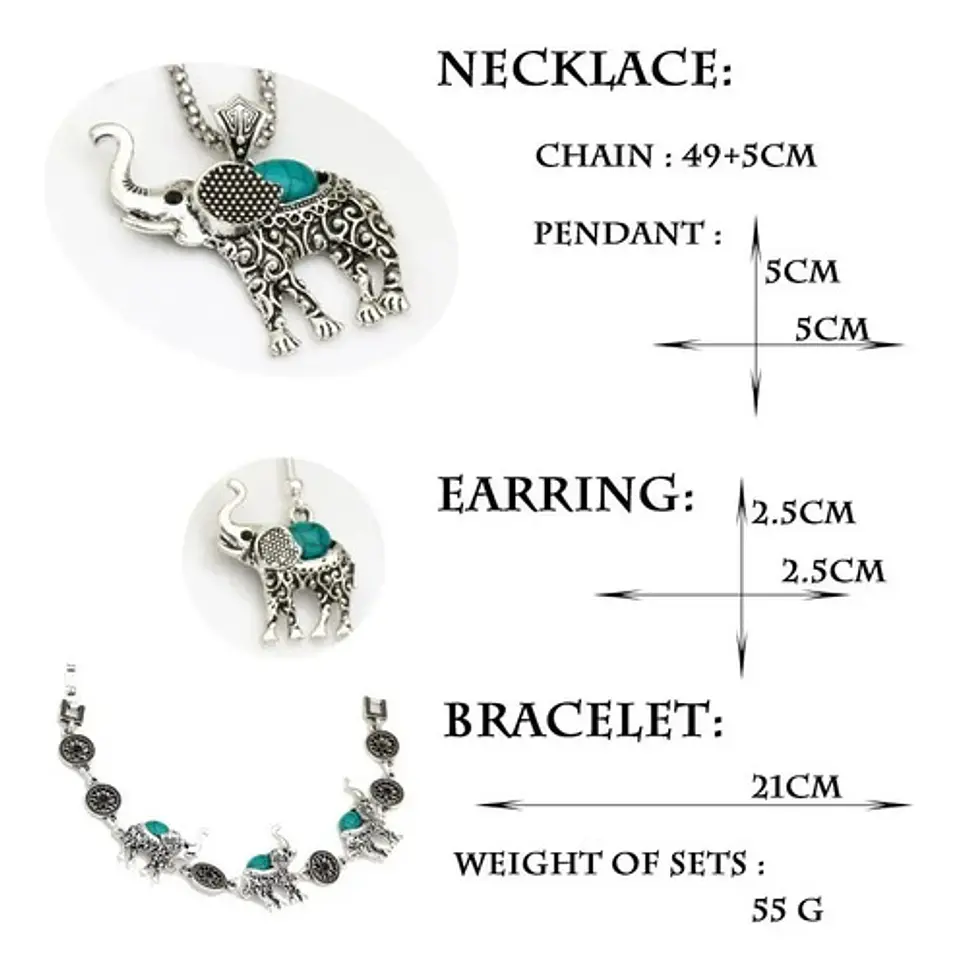 Conjunto Elefante Vintage Collar Aros Pulsera + Bolsa Regalo 3