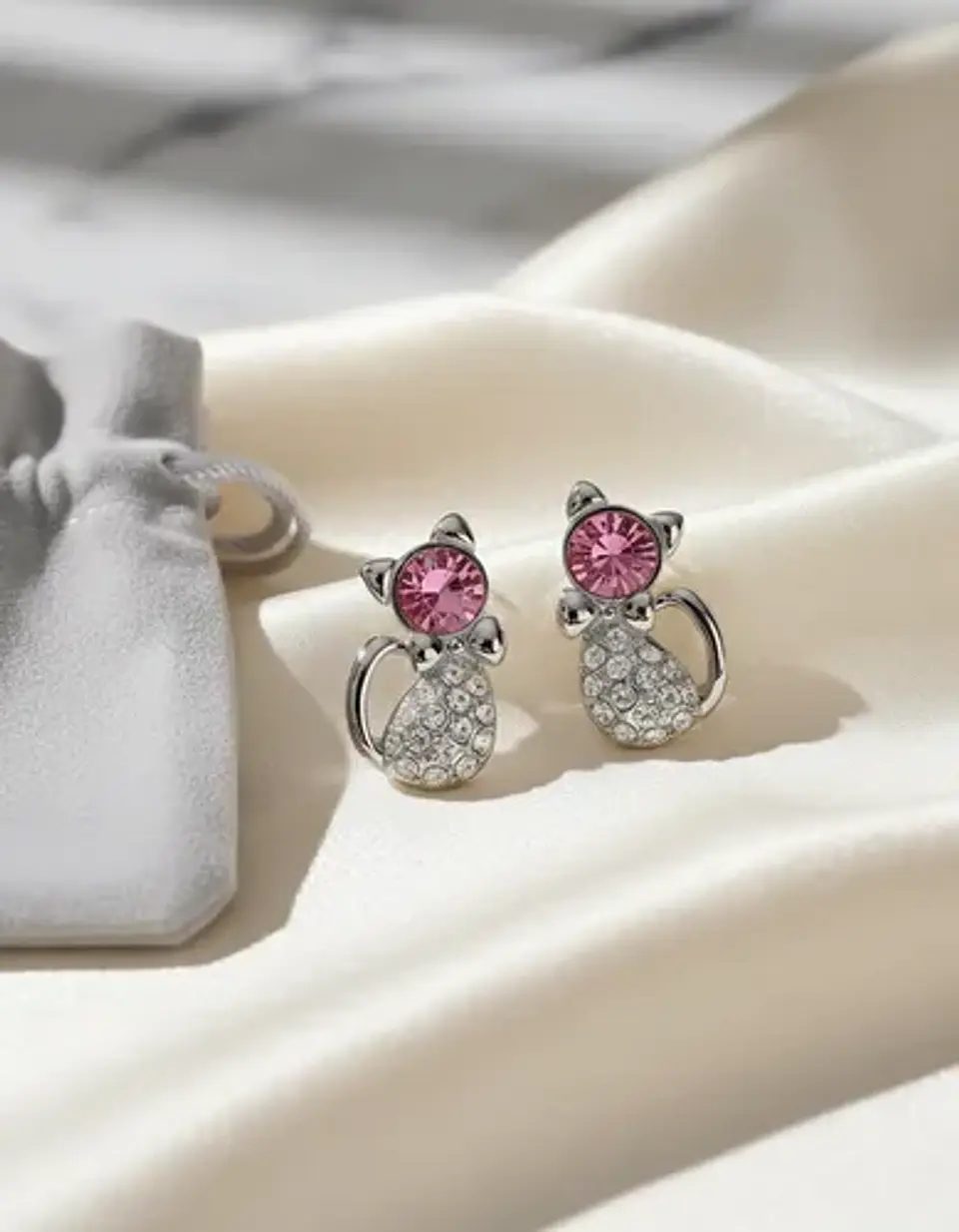 Aros Gato Cristal Mujer Niña + Bolsa Regalo Joyas 3