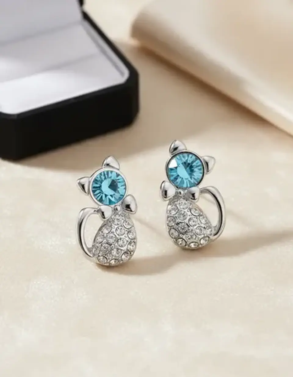Aros Gato Cristal Mujer Niña + Bolsa Regalo Joyas 6