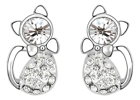 Aros Gato Cristal Blanco + Bolsa Terciopelo Regalo Joyas