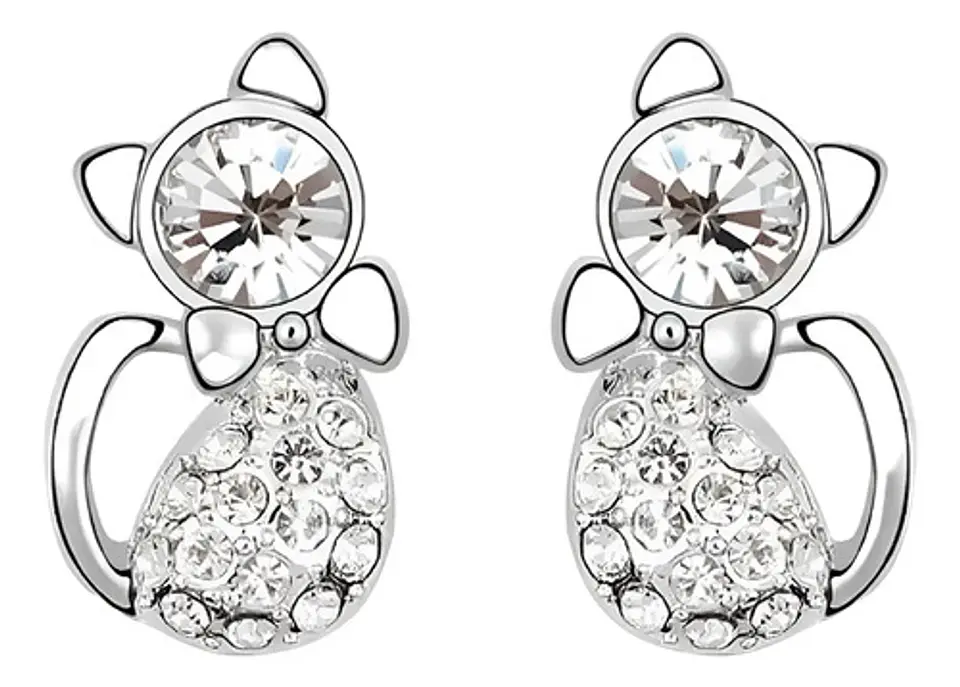 Aros Gato Cristal Blanco + Bolsa Terciopelo Regalo Joyas 1