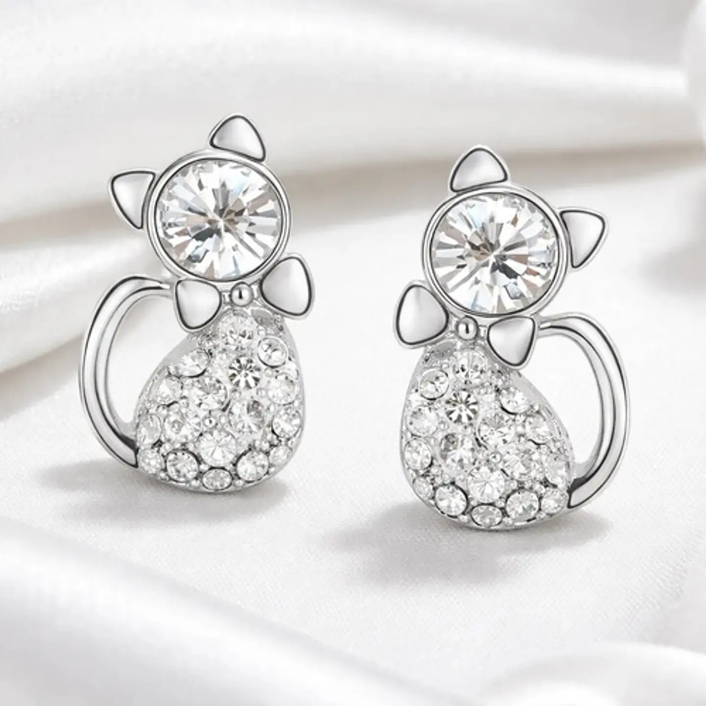 Aros Gato Cristal Blanco + Bolsa Terciopelo Regalo Joyas 2