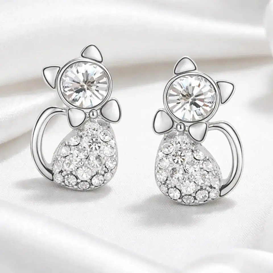 Aros Gato Cristal Blanco + Bolsa Terciopelo Regalo Joyas 2