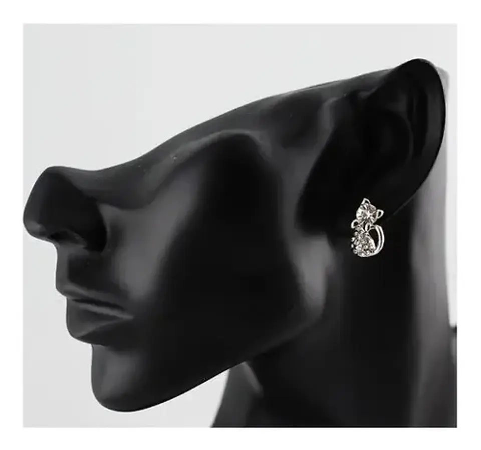 Aros Gato Cristal Blanco + Bolsa Terciopelo Regalo Joyas 3