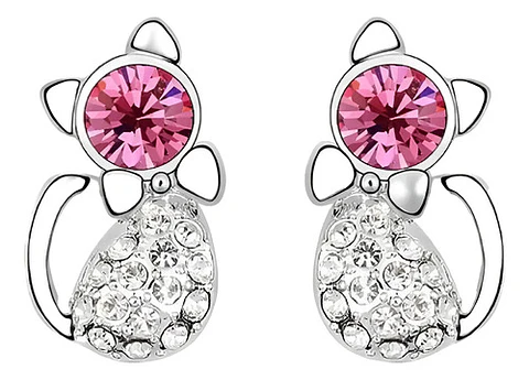 Aros Gato Cristal Rosado + Bolsa Terciopelo Regalo Joyas
