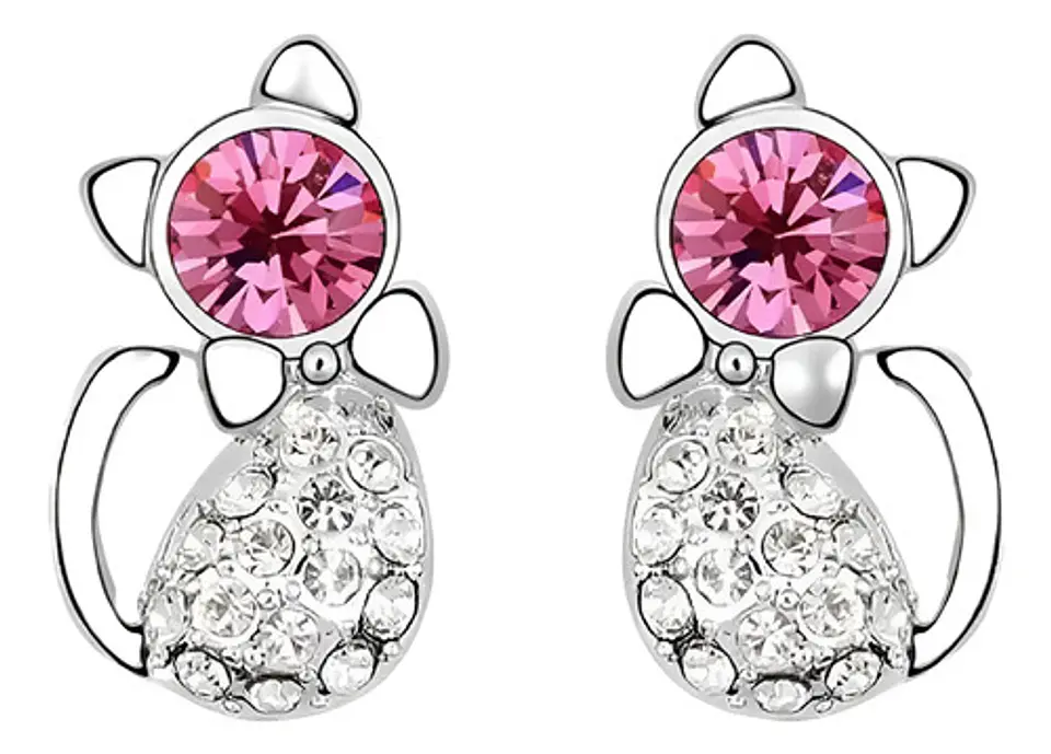 Aros Gato Cristal Rosado + Bolsa Terciopelo Regalo Joyas 1