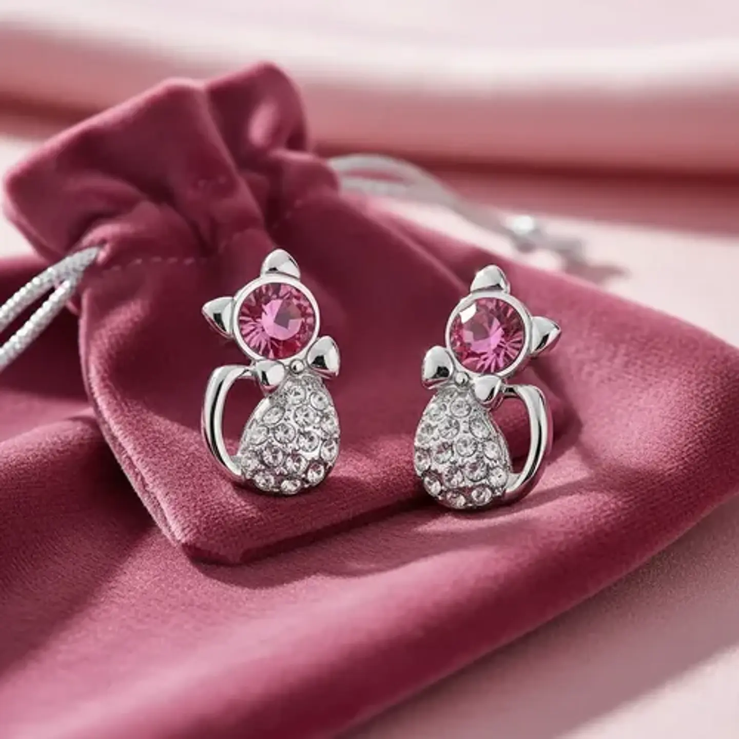 Aros Gato Cristal Rosado + Bolsa Terciopelo Regalo Joyas 3