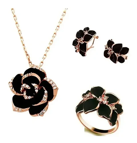 Conjunto Flor Collar Aros Anillo + Bolsa Regalo Joyas