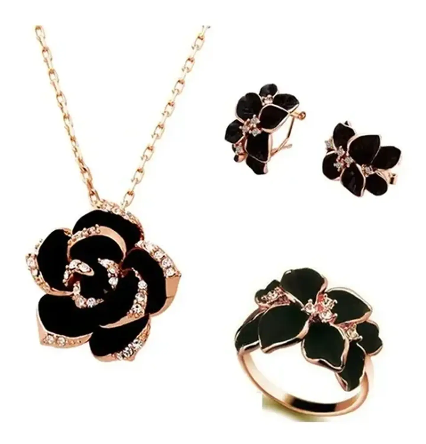Conjunto Flor Collar Aros Anillo + Bolsa Regalo Joyas 1