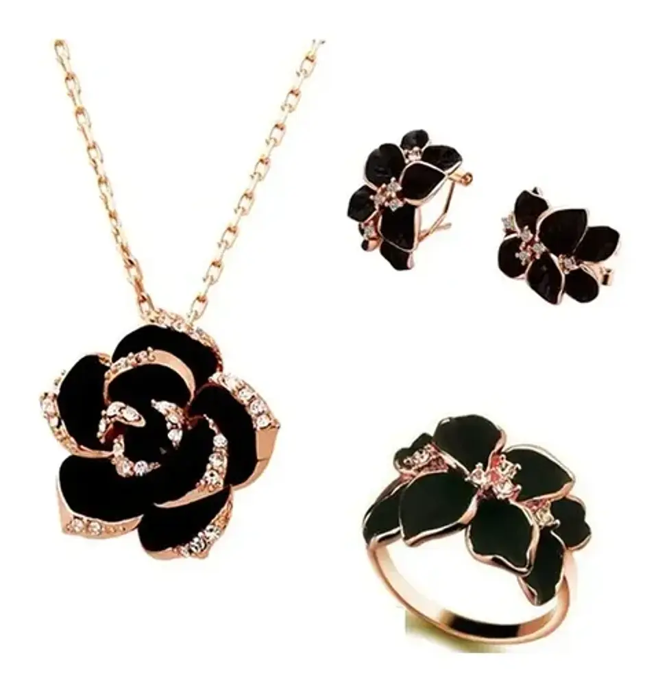 Conjunto Flor Collar Aros Anillo + Bolsa Regalo Joyas 1