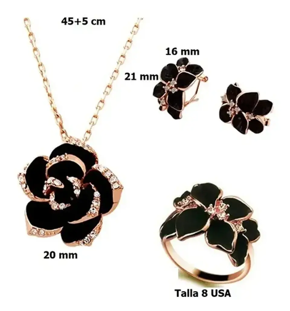 Conjunto Flor Collar Aros Anillo + Bolsa Regalo Joyas 2