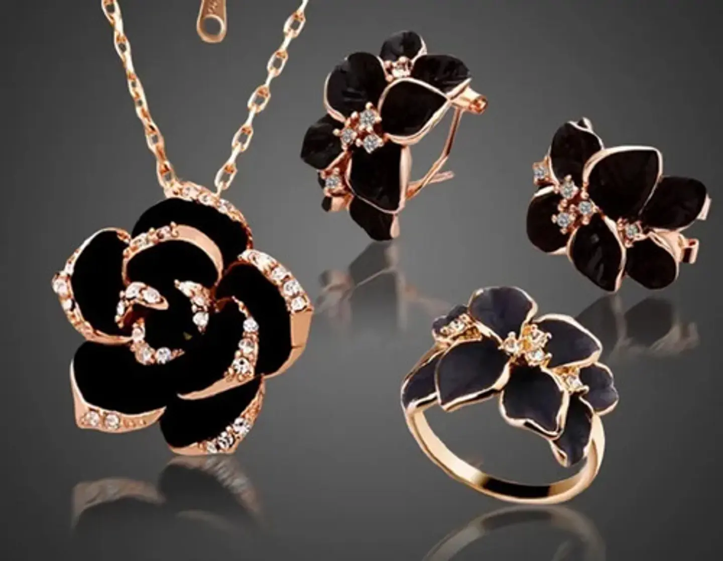 Conjunto Flor Collar Aros Anillo + Bolsa Regalo Joyas 3