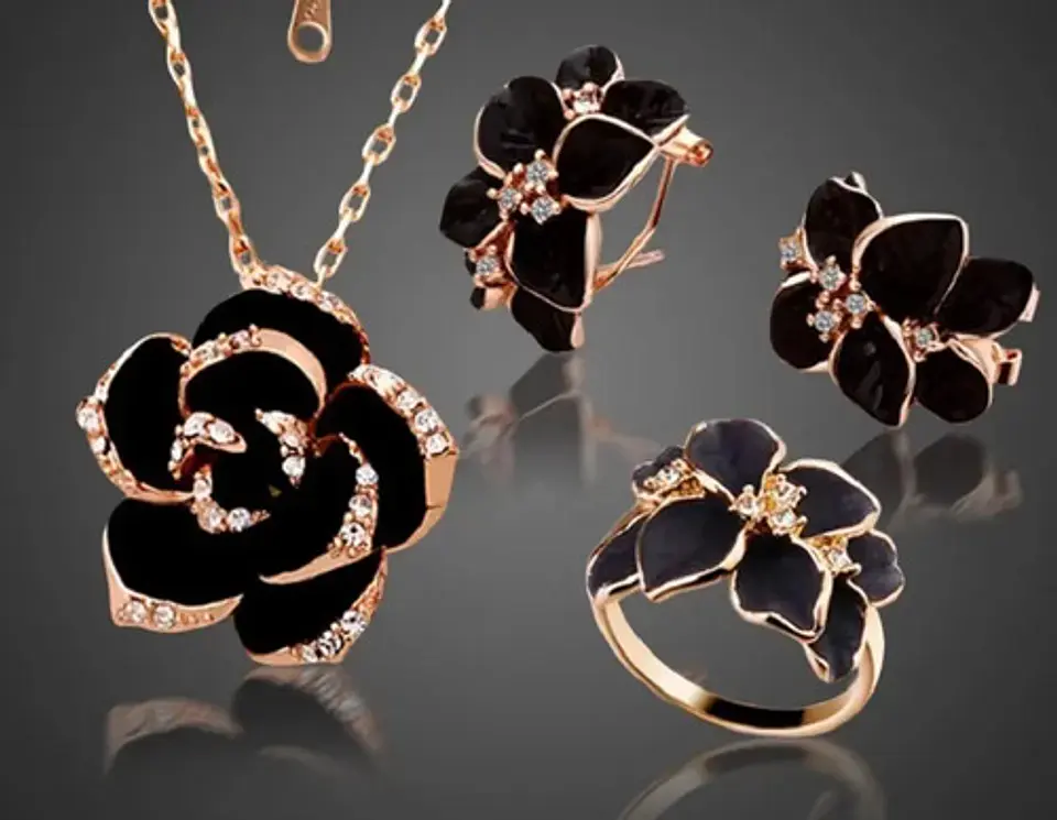 Conjunto Flor Collar Aros Anillo + Bolsa Regalo Joyas 3