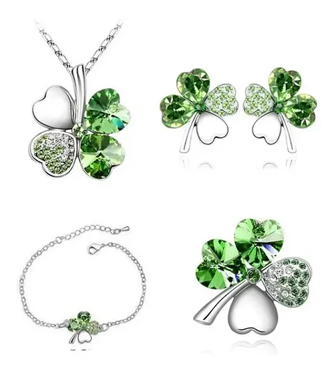Conjunto Trébol Cadena Pulsera Aros Broche + Bolsa Regalo