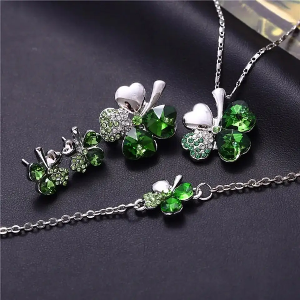 Conjunto Trébol Cadena Pulsera Aros Broche + Bolsa Regalo 2