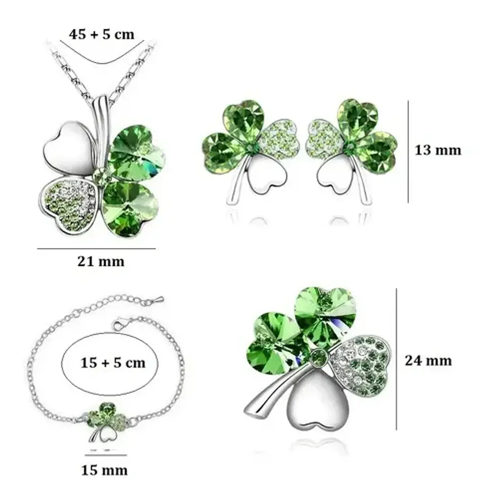 Conjunto Trébol Cadena Pulsera Aros Broche + Bolsa Regalo 3