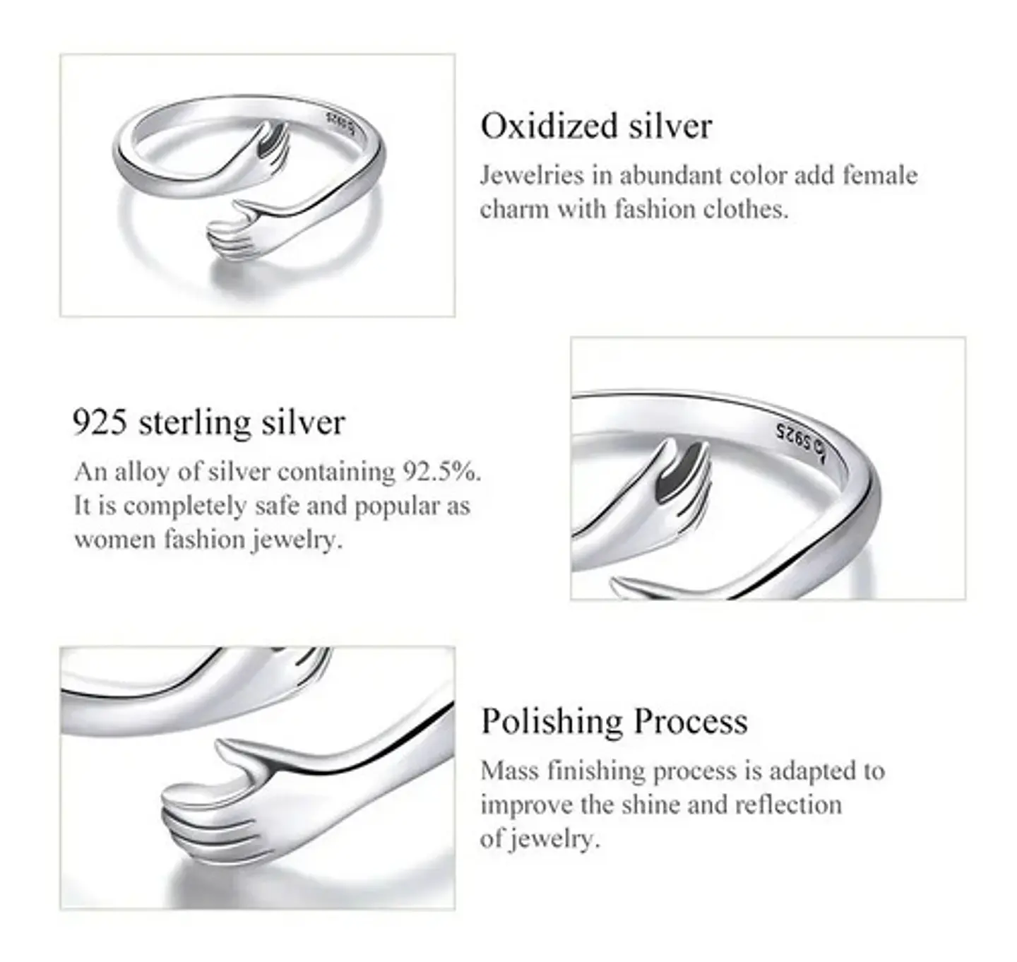 Anillo Plata 925 Ajustable Abrazo Amor Joyas Regalo Mujer 5