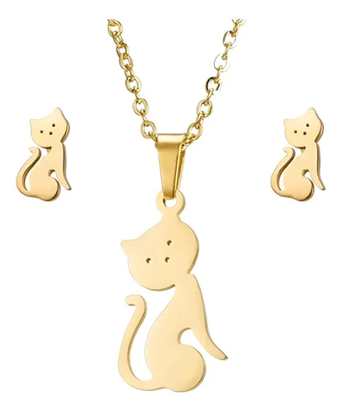 Conjunto Gato Cadena Colgante Aros Mujer Niña + Caja Regalo