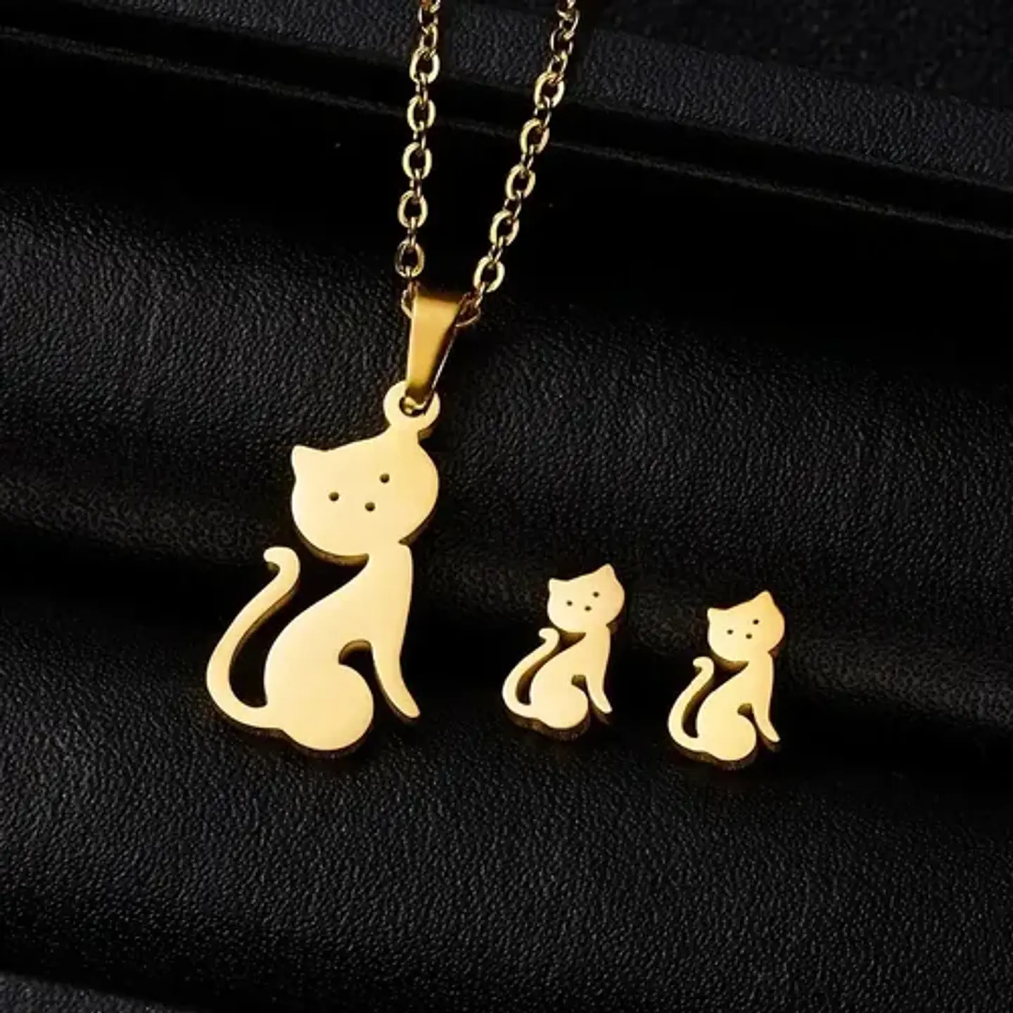 Conjunto Gato Cadena Colgante Aros Mujer Niña + Caja Regalo 2