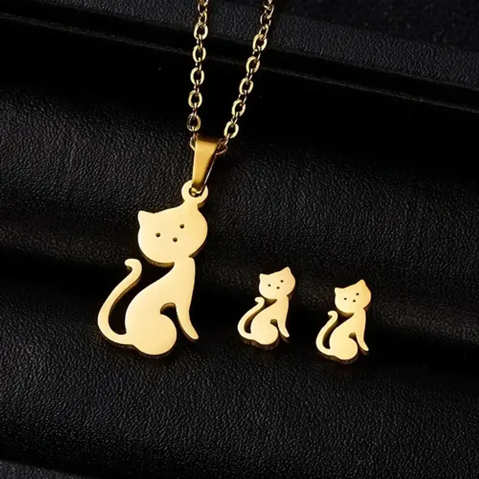 Conjunto Gato Cadena Colgante Aros Mujer Niña + Caja Regalo 2