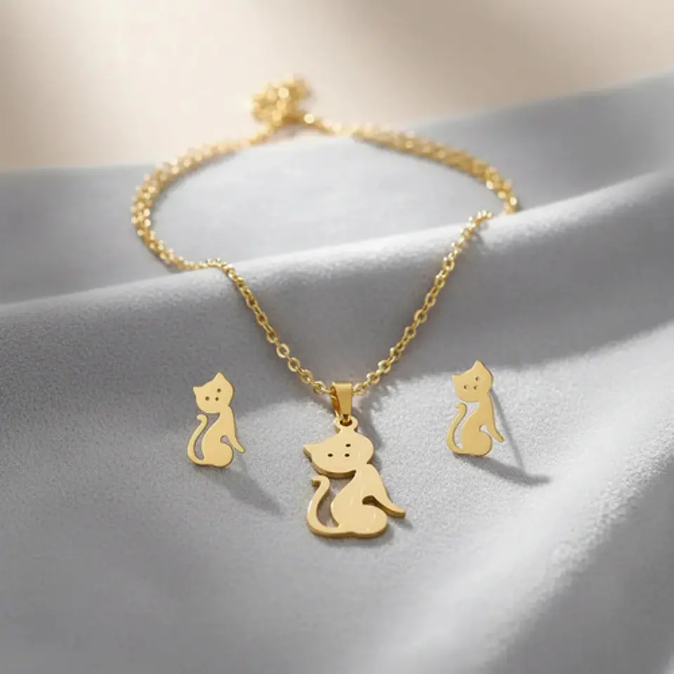 Conjunto Gato Cadena Colgante Aros Mujer Niña + Caja Regalo 4
