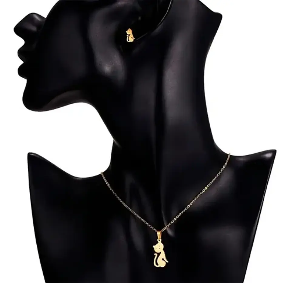 Conjunto Gato Cadena Colgante Aros Mujer Niña + Caja Regalo 5