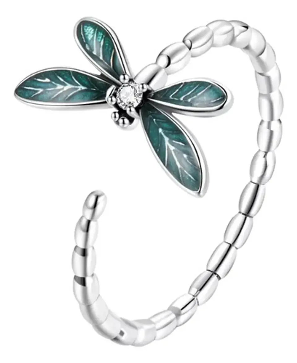 Anillo Plata 925 Ajustable Libélula Verde Joyas Regalo Mujer 1
